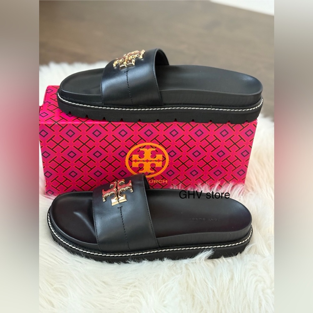 Tory Burch Black Everly Anatomic lug Sandals - Picture 2 of 5